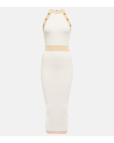Balmain Knitted Midi Dress With Buttons And Lurex Trims - White