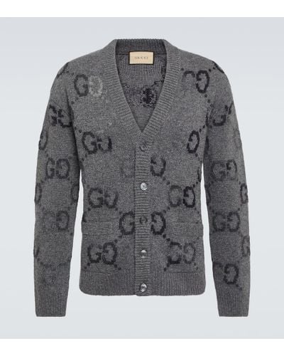 Gucci Wool Cardigan With GG Intarsia - Gray