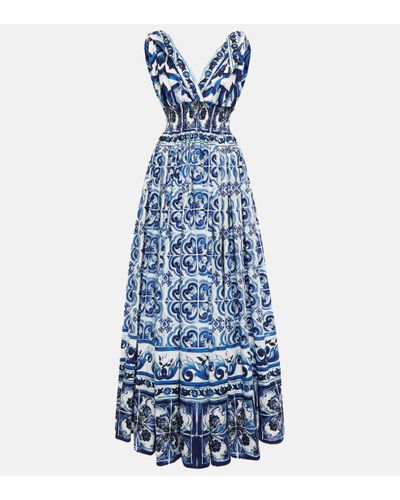 Dolce & Gabbana Robe Longue Dos Ouvert En Popeline De Coton Imprimée À Smocks - Bleu