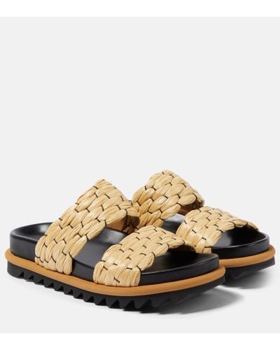 Dries Van Noten Woven And Raffia And Leather Slides - Natural
