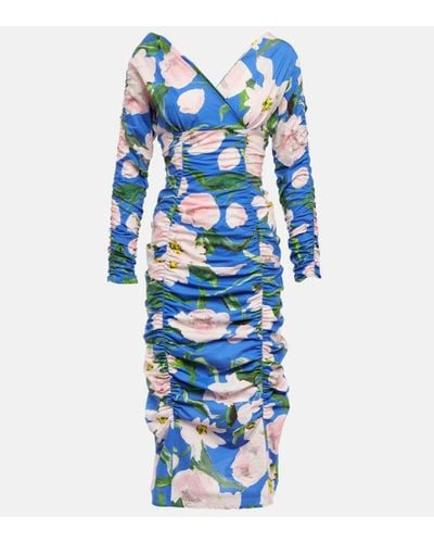Carolina Herrera Floral Ruched Cotton-blend Midi Dress - Blue