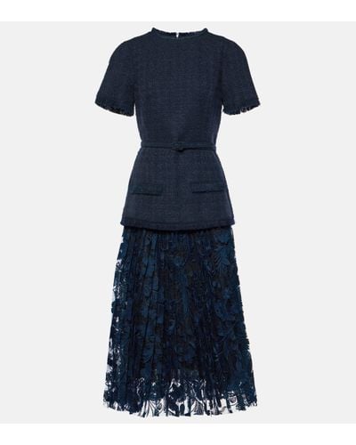 Oscar de la Renta Wool-blend Tweed And Lace Midi Dress - Blue