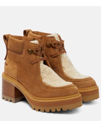 See By Chloé Shearling-trimmed Suede Ankle Boots - Brown