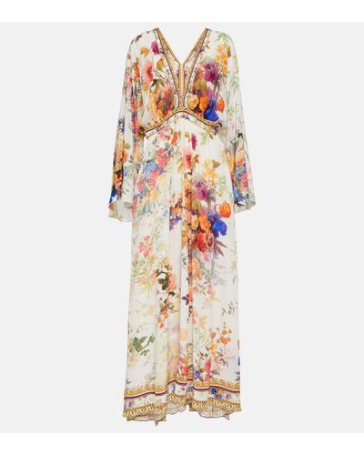 Camilla Gathered Floral Silk Maxi Dress - Metallic