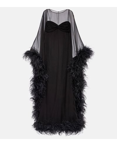 Valentino Caped Feather-trimmed Silk Gown - Black