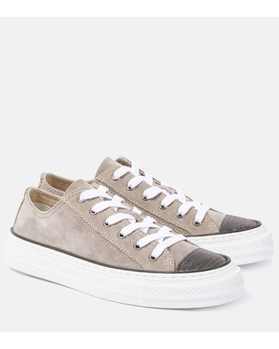 Brunello Cucinelli Embellished Suede Trainers - White
