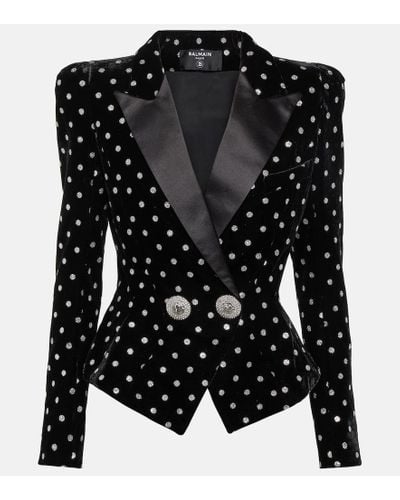 Balmain Satin-trimmed Button-embellished Polka-dot Glittered Velvet Blazer - Black