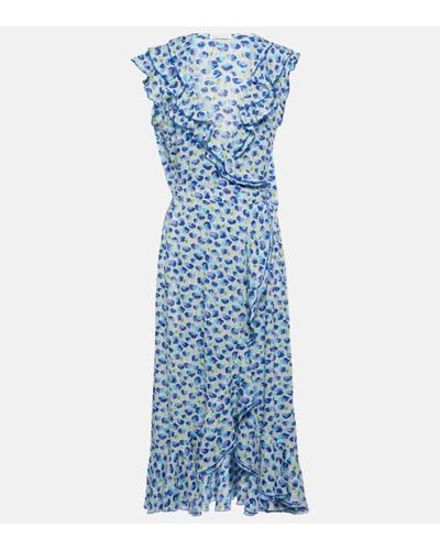 Poupette Triny Printed Ruffled Midi Dress - Blue