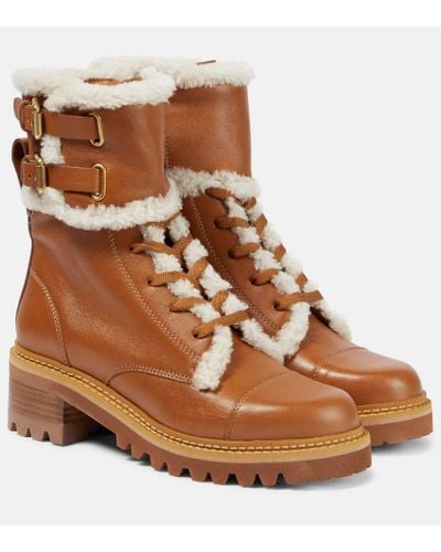 See By Chloé Schnuerstiefel Mallory aus Leder mit Shearling - Braun