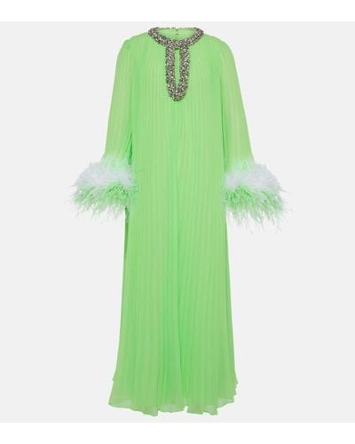 Self-Portrait Pleated Feather-trimmed Chiffon Gown - Green