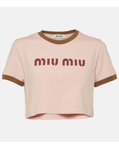 Miu Miu Top cropped in cotone con logo - Rosa