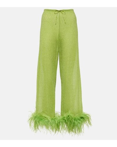 Oséree Lumiere Plumage Feather-trimmed Trousers - Green