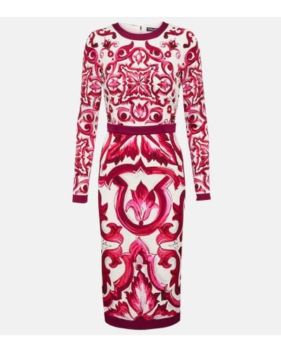 Dolce & Gabbana Midi Silk Dress With Maiolica Motif - Red