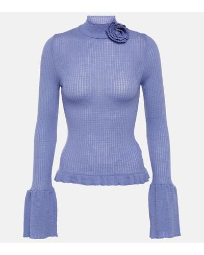 Ruffle-trimmed Rib-knit Top - Light blue - Ladies