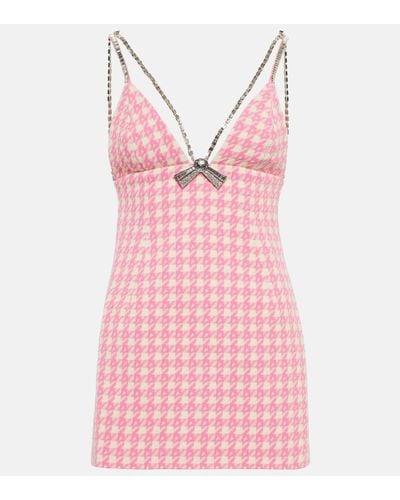 Area Checked Crystal-trimmed Wool-blend Minidress - Pink