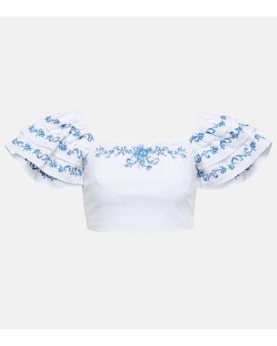 Caroline Constas Top raccourci Delia brode en coton melange - Bleu