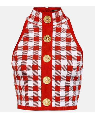 Balmain Haut crop 5-Button à carreaux - Rouge