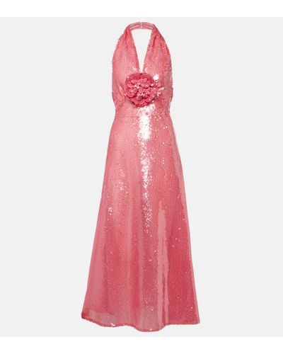 Rodarte Floral-applique Sequined Midi Dress - Pink