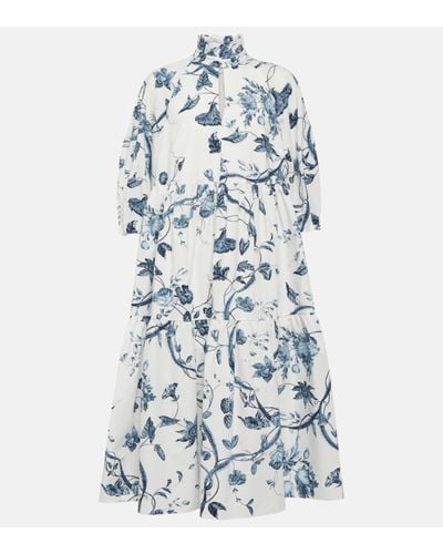Erdem Floral-print Tiered-skirt Cotton Midi Dress - Blue