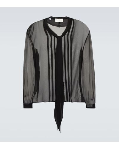Saint Laurent Camisa de crepe de china de seda con lazada - Negro