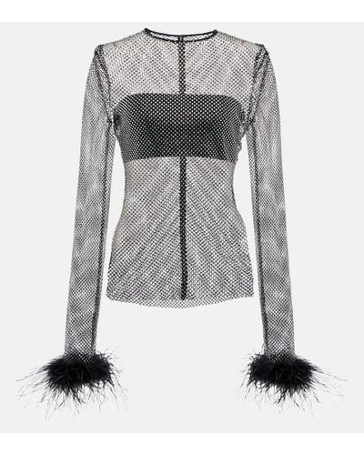 GIUSEPPE DI MORABITO Embellished Feather-trimmed Net Top - Gray
