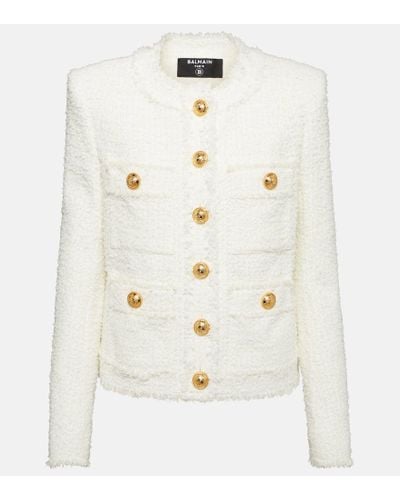 Balmain Collarless 4 Pockets Tweed Jacket In White