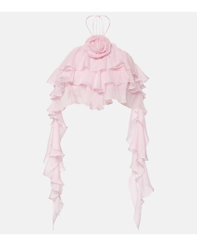 Blumarine Ruffled Halterneck Silk Chiffon Top - Pink