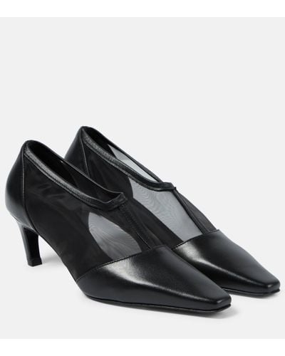 Totême T-strap Leather And Mesh Court Shoes - Black