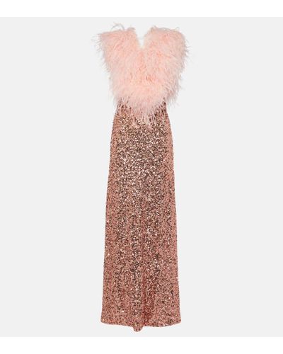 Dolce & Gabbana Sequined V-neck Feather-trimmed Gown - Pink