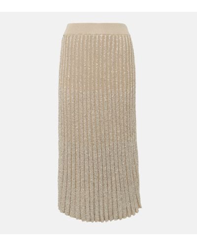 Brunello Cucinelli Embellished Pleated Knit Midi Skirt - Natural