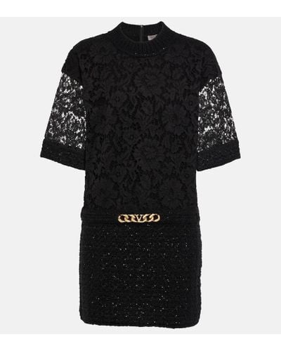 Valentino Vlogo Chain Boucle And Lace Minidress - Black