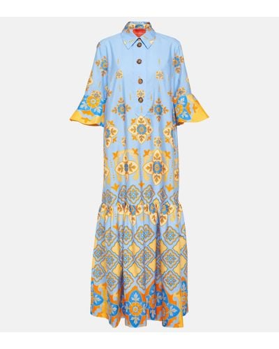 La DoubleJ Printed Ruffled Silk Maxi Dress - Blue