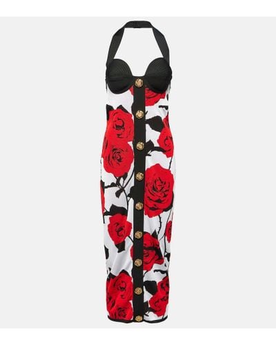Balmain Floral Halterneck Jacquard Midi Dress - Red