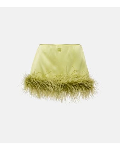Miu Miu Feather-trimmed Satin Miniskirt - Yellow