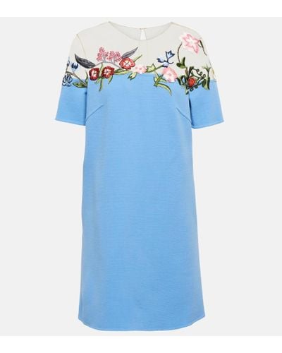 Oscar de la Renta Floral Embroidered Wool-blend Minidress - Blue