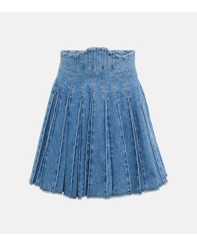 Balmain Pleated High-rise Denim Miniskirt - Blue