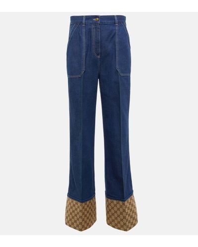 Gucci GG Canvas-trimmed Wide-leg Jeans - Blue