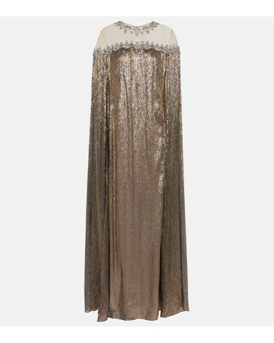 Oscar de la Renta Cape-effect Crystal-embellished Tulle-trimmed Silk-blend Lamé Gown - Natural