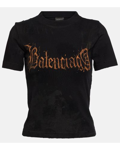 Balenciaga Printed Distressed Cotton T-shirt - Black