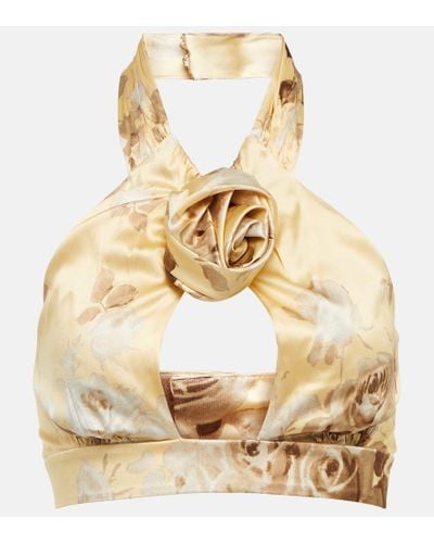 Alessandra Rich Floral Silk Satin Crop Top - Metallic
