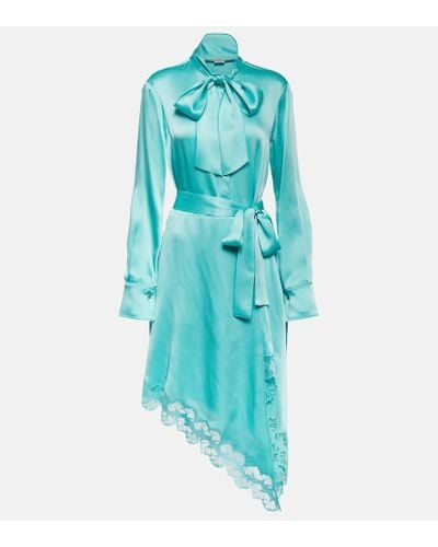 Stella McCartney Vestido midi de saten con encaje - Azul