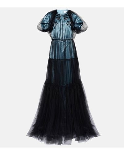 Erdem Tulle-layered Crystal-embellished Satin Gown - Blue
