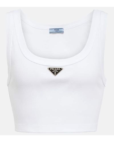 Prada Top cropped in jersey di cotone con logo - Bianco