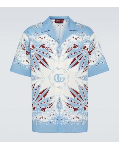 Gucci Camisa con Estampado de Pañuelo con Doble G - Azul