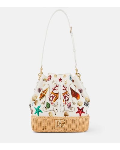 Dolce & Gabbana Capri Dg Raffia-trimmed Canvas Bucket Bag - White