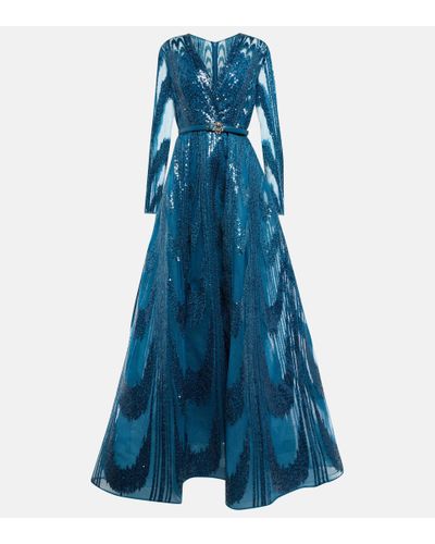 Elie Saab Sequined Belted Gown - Blue