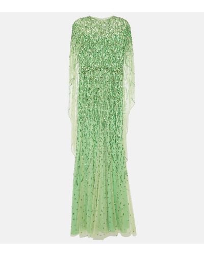 Jenny Packham Delphine Cape-effect Embellished Tulle Gown - Green