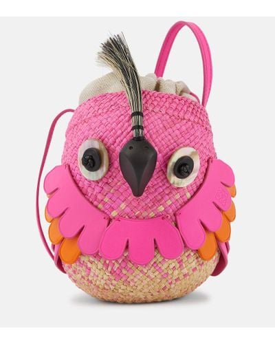 Loewe Bucket-Bag Bird Mini aus Raffiabast und Leder - Pink