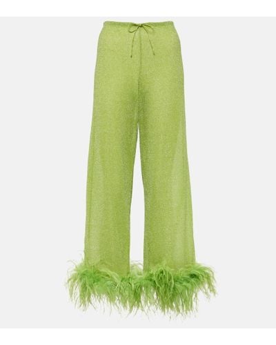 Oséree Lumiere Plumage Feather-trimmed Pants - Green