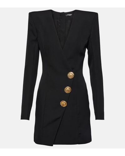 Balmain V-neck Wool Minidress - Black